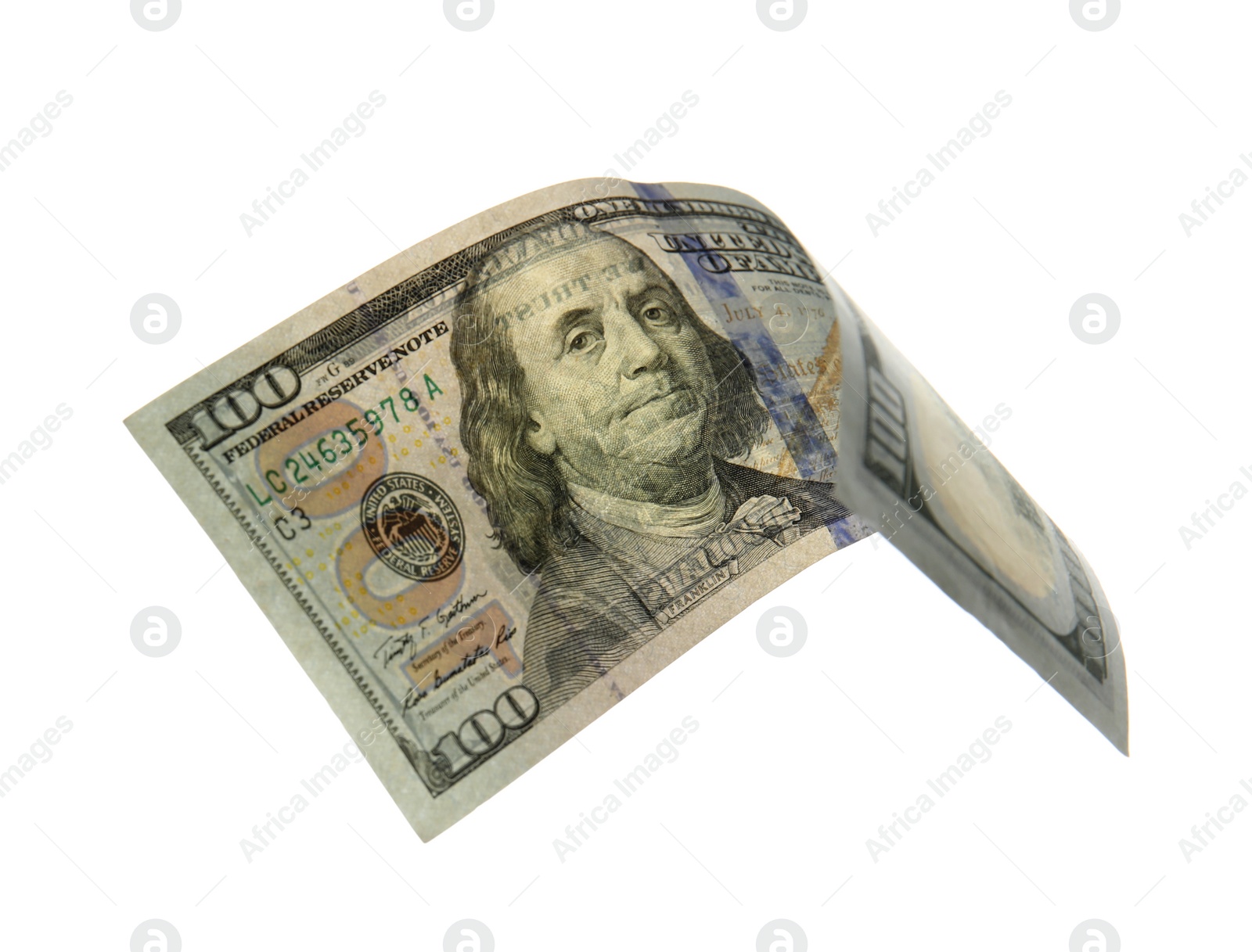 Photo of One hundred dollar banknote on white background. American national currency