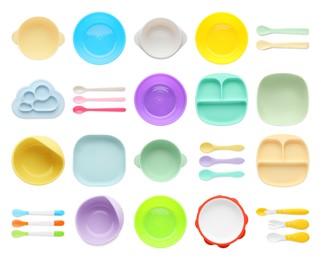 Image of Set with colorful dishware on white background, top view. Serving baby food