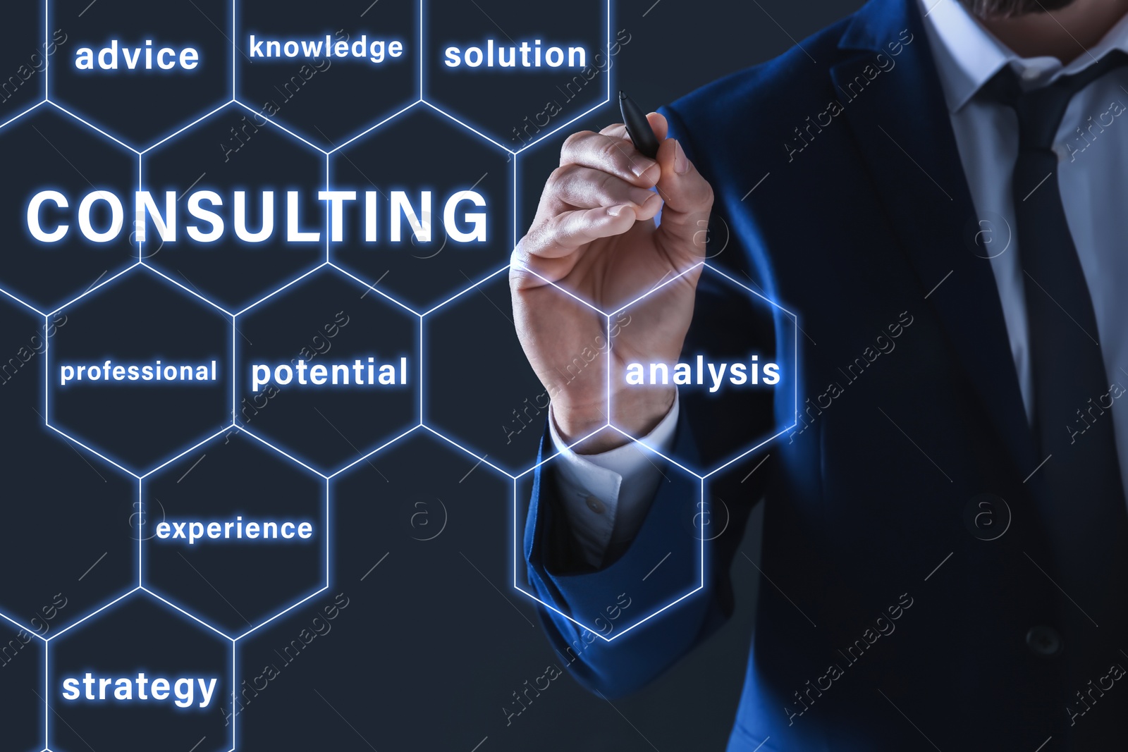 Image of Consulting concept. Businessman on dark background, closeup