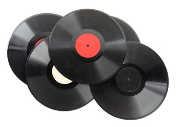 Vintage vinyl records on white background, top view