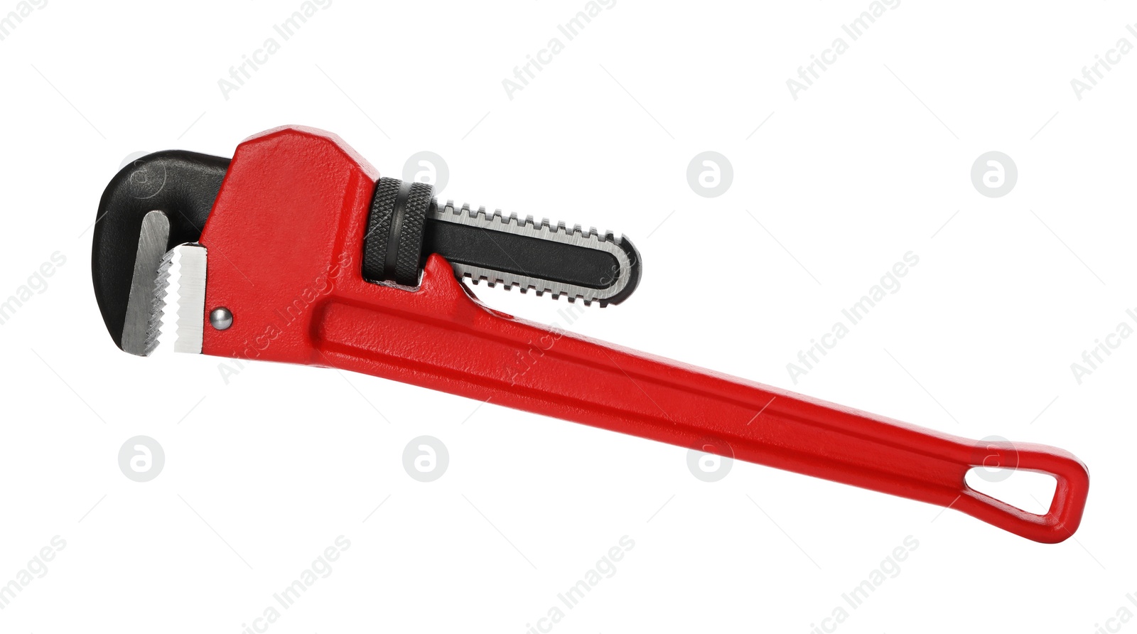 Photo of New pipe wrench on white background. Professional construction tool