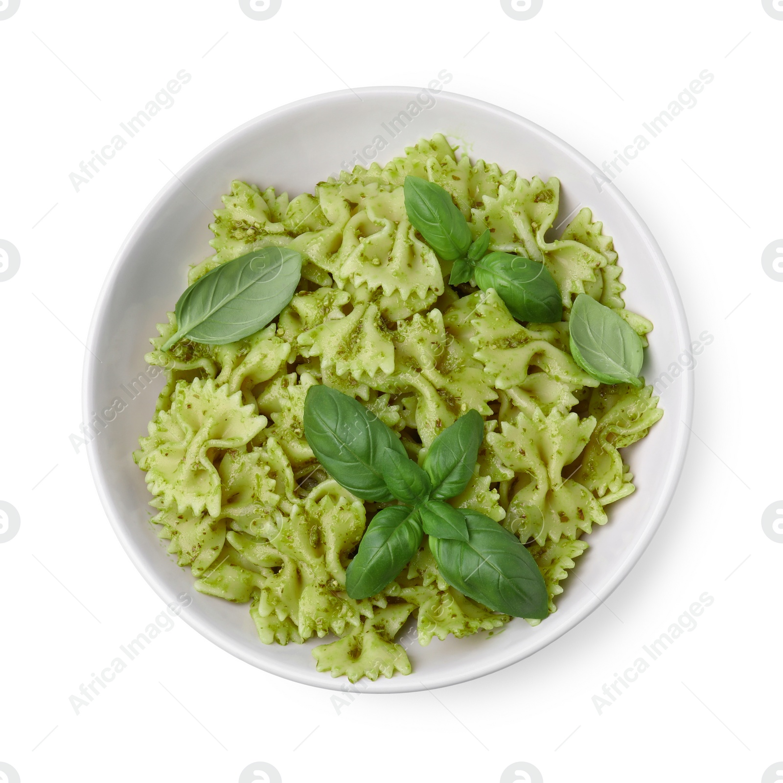 Photo of Delicious pasta with pesto sauce and basil isolated on white, top view