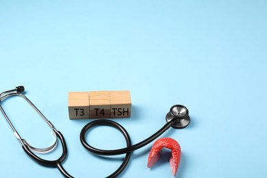 Photo of Endocrinology. Stethoscope, wooden cubes with thyroid hormones and model of gland on light blue background. Space for text