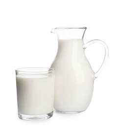 Glass and jug with milk on white background