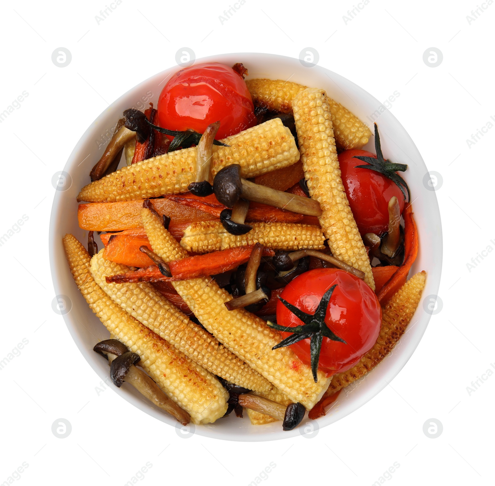 Photo of Tasty roasted baby corn with tomatoes and mushrooms isolated on white, top view