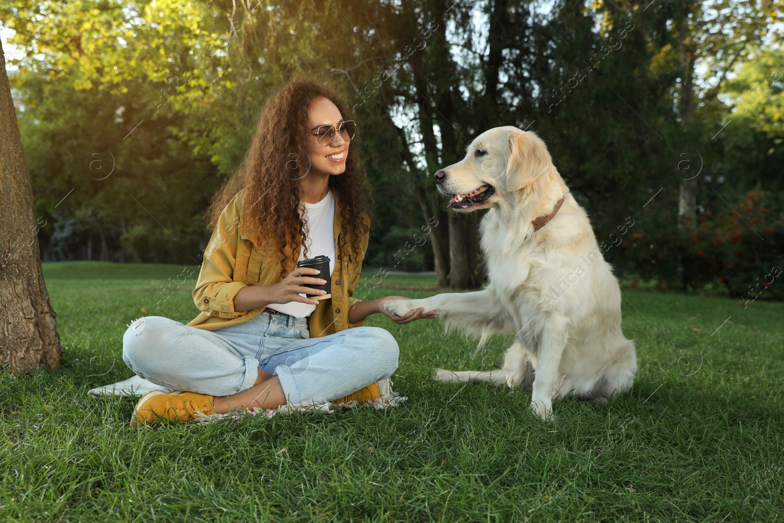 Photo of Young African-American woman and her Golden Retriever dog on green grass in park