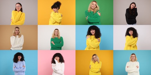 Image of Women in warm sweaters on color backgrounds, set of photos