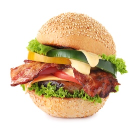 Image of Tasty burger with bacon on white background