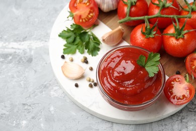 Photo of Delicious ketchup in bowl, parsley, garlic and tomatoes on grey textured table, above view. Space for text