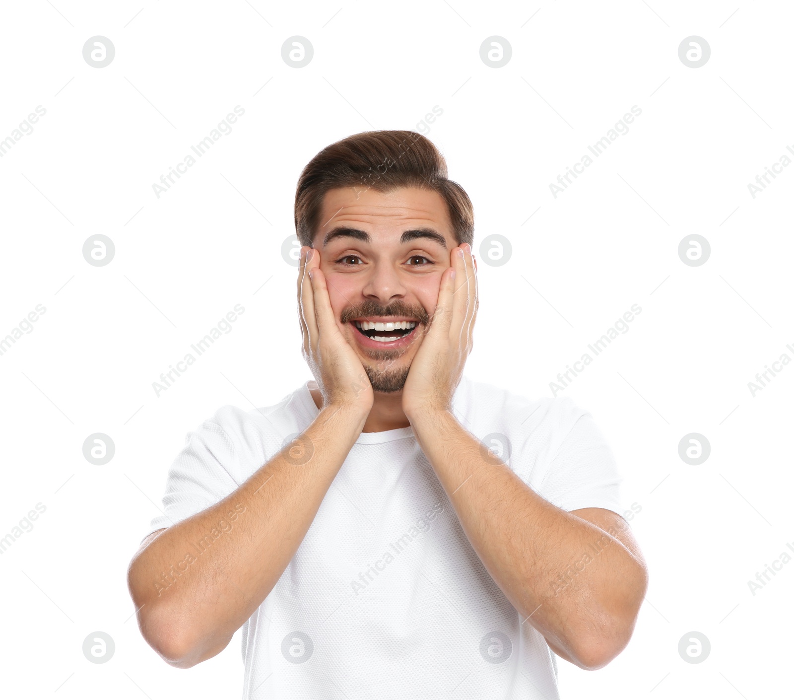 Photo of Portrait of young man on laughing white background