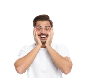 Portrait of young man on laughing white background