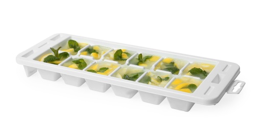 Ice cubes with lemon and mint in tray on white background