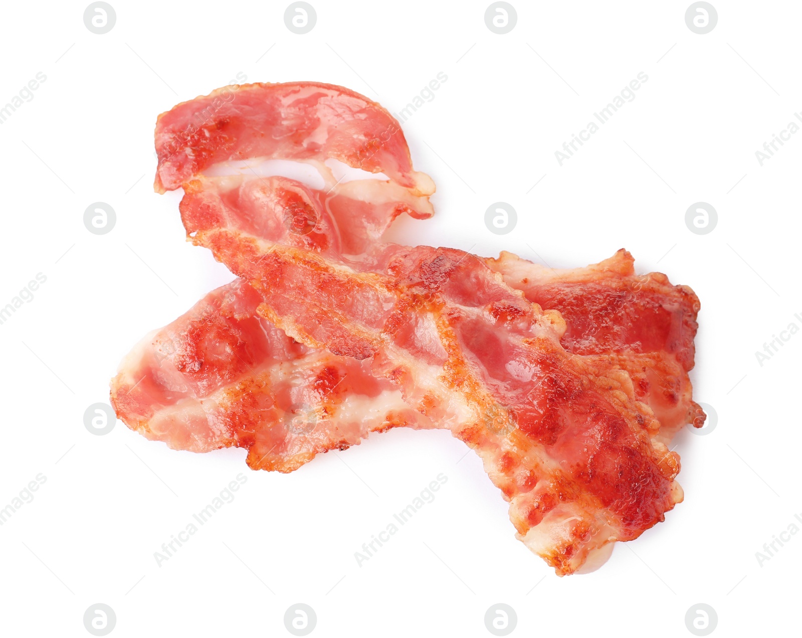 Photo of Slices of roasted bacon for burger isolated on white, top view