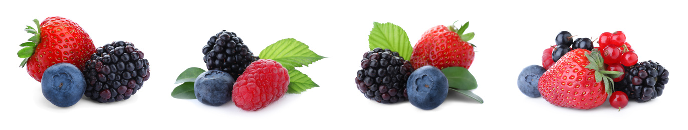 Image of Set of different mixed berries on white background, banner design 