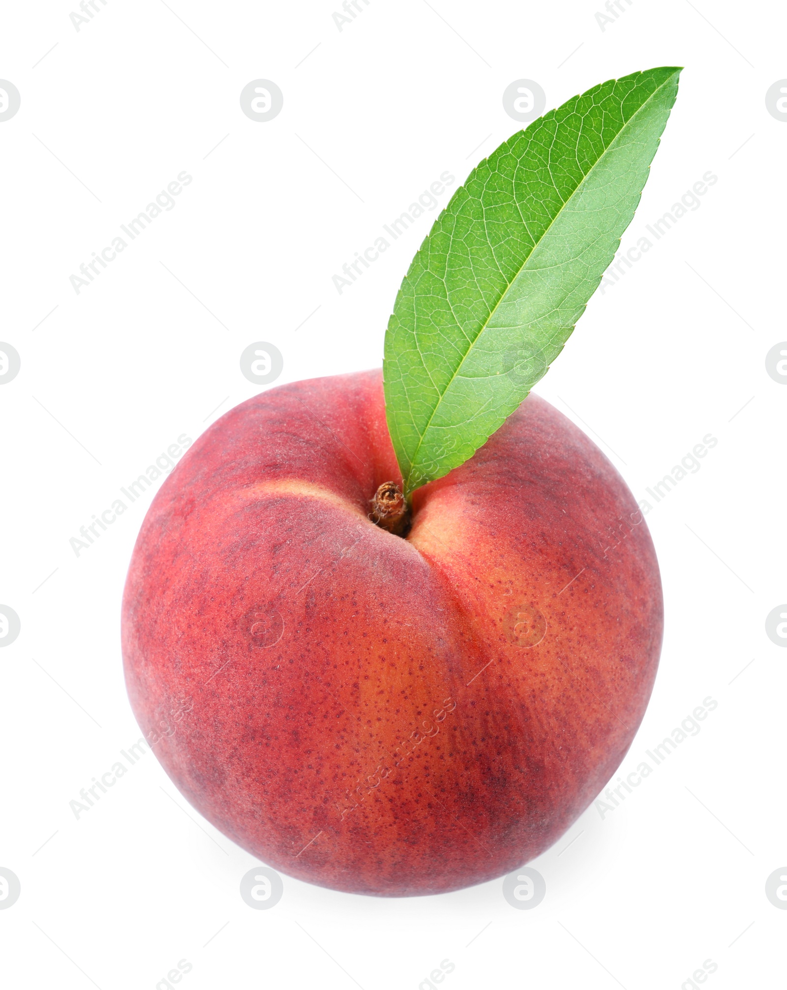 Photo of Sweet juicy peach with leaf on white background