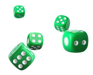 Image of Five green dice in air on white background