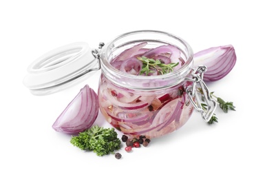 Jar of pickled onions isolated on white