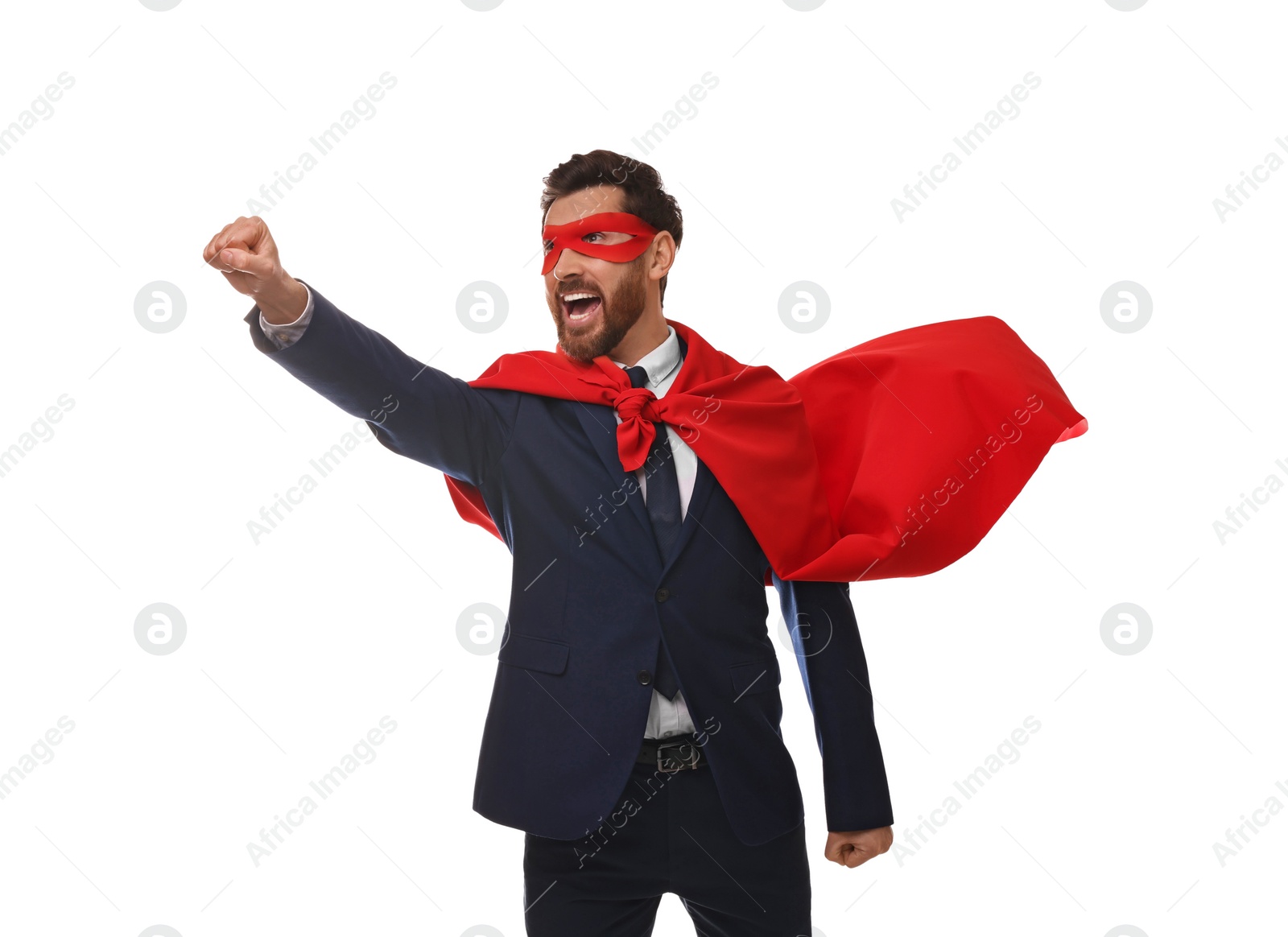 Photo of Emotional businessman wearing red superhero cape and mask on white background