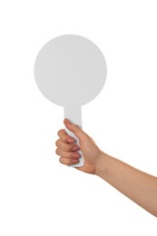 Photo of Woman holding blank auction paddle on white background, closeup. Space for text