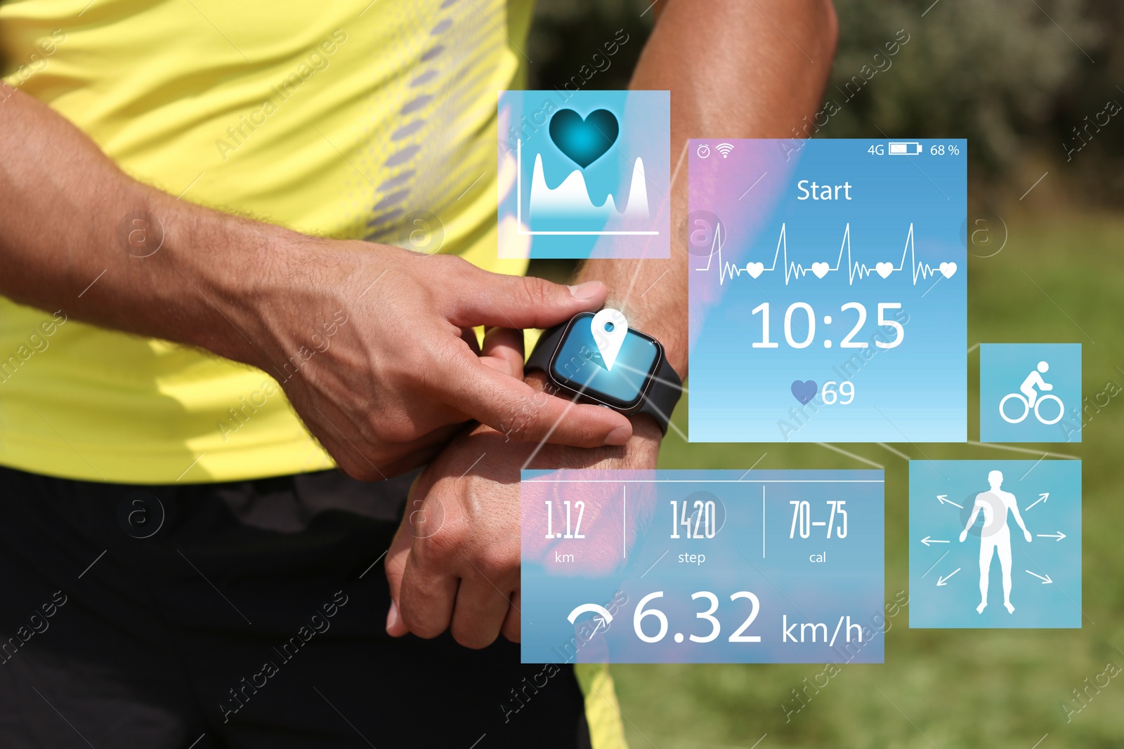 Image of Man using smart watch during training outdoors, closeup. Illustrations near hand with device