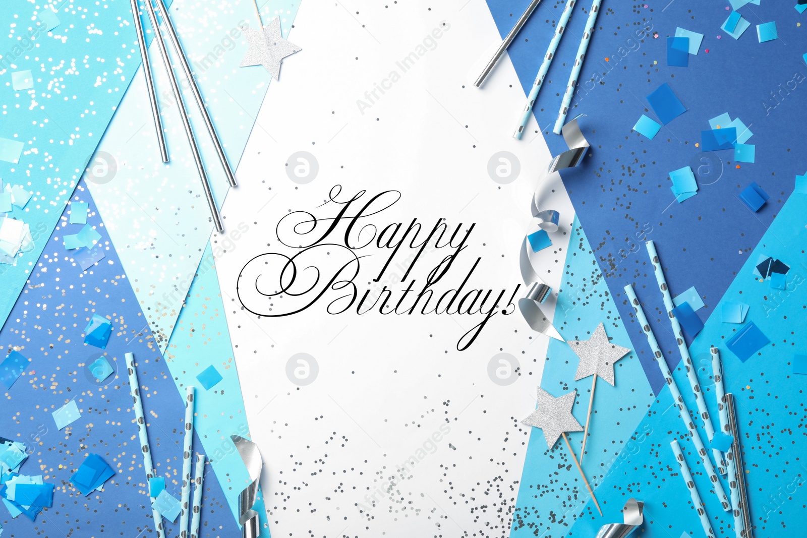Photo of Flat lay composition with greeting HAPPY BIRTHDAY and party decor on color background