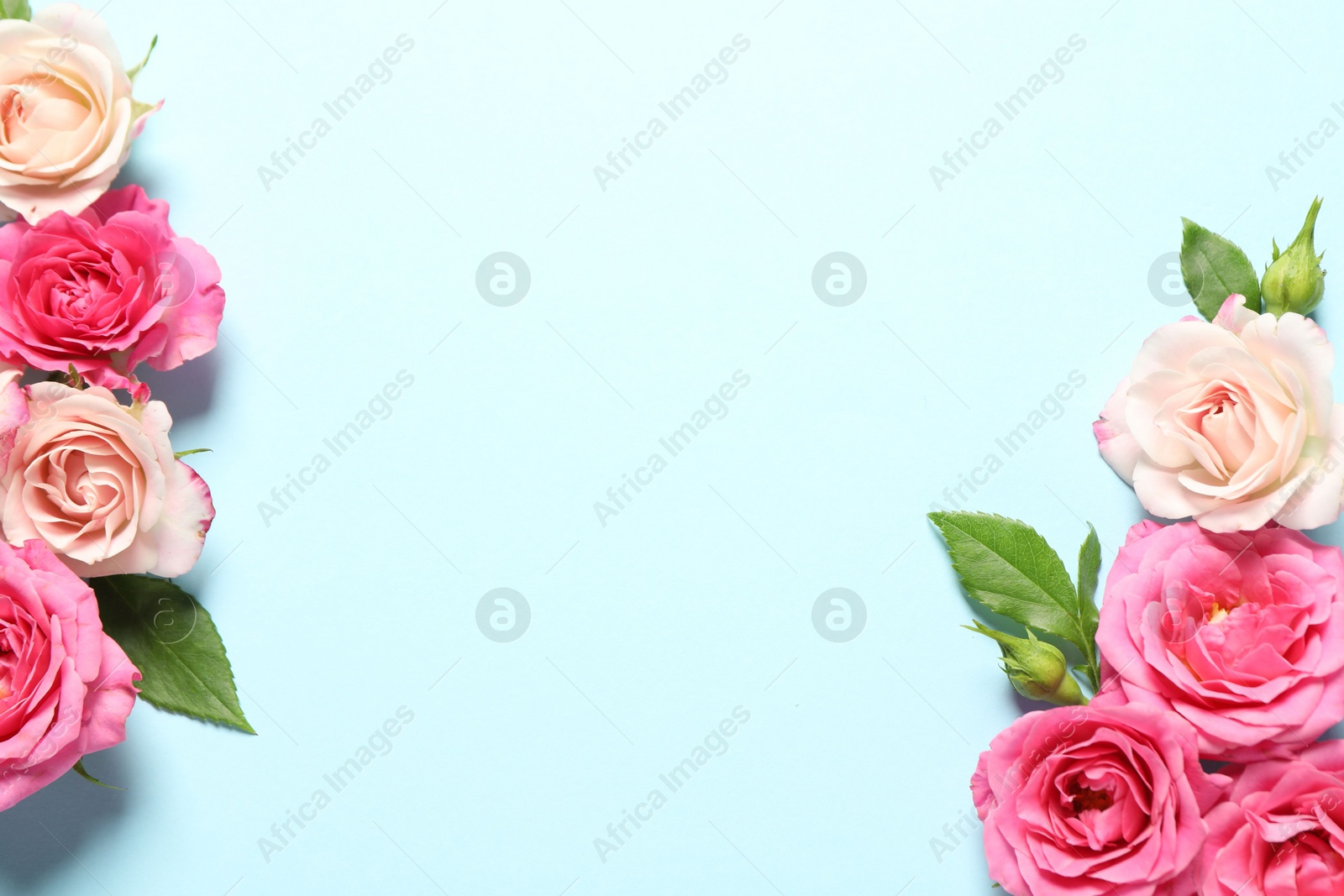 Photo of Happy Mother's Day. Beautiful roses on light blue background, flat lay. Space for text