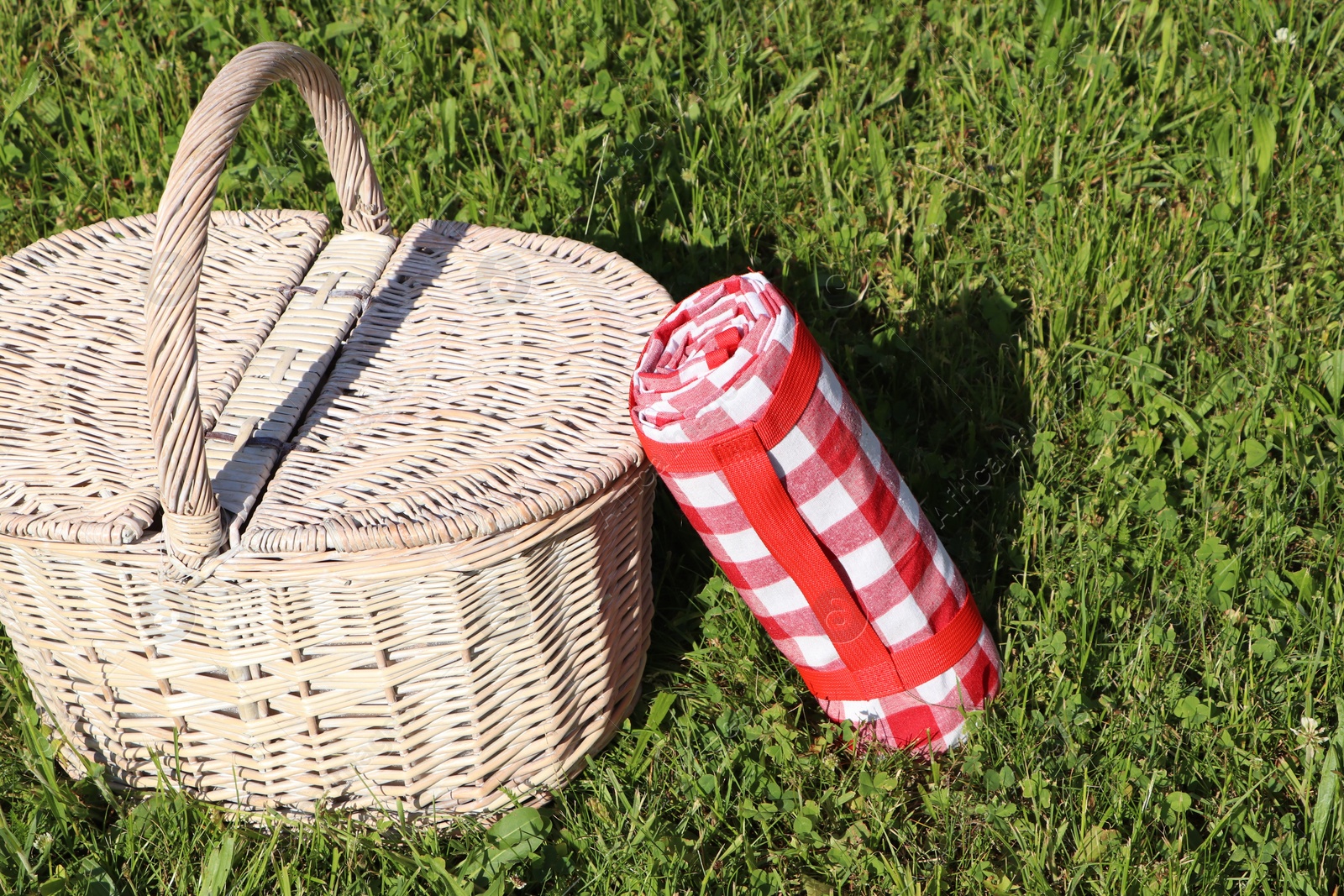 Photo of Rolled checkered tablecloth near picnic basket on green grass outdoors