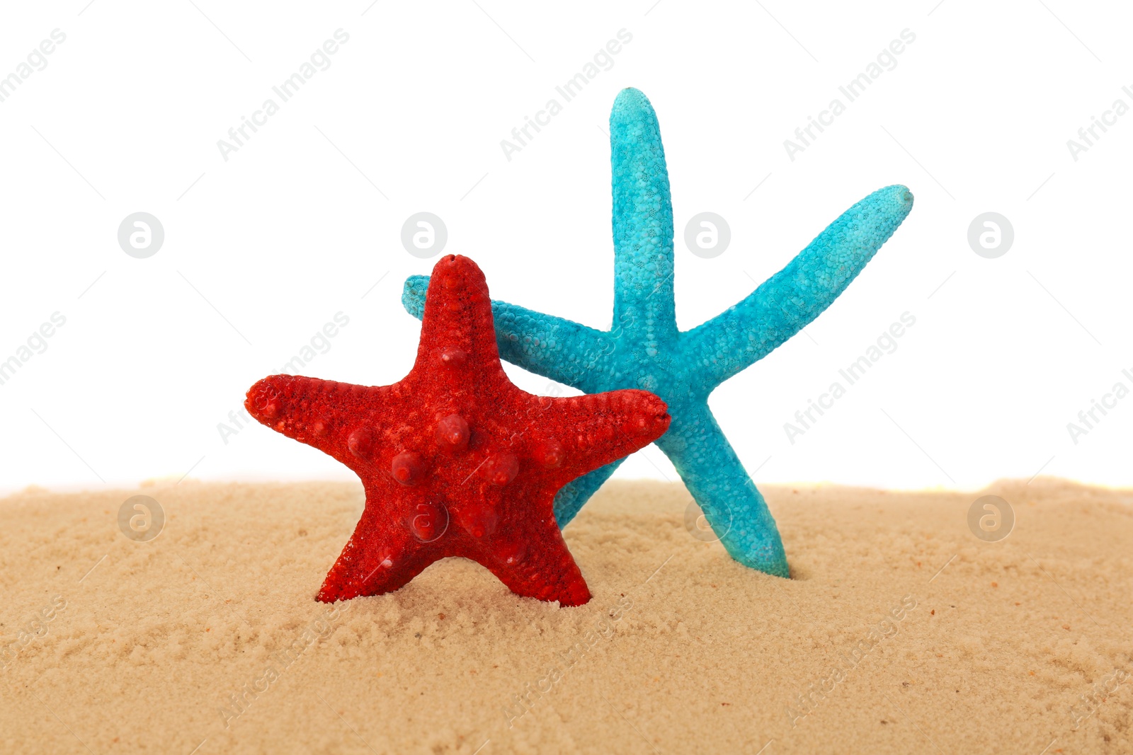 Photo of Honeymoon concept. Two sea stars and sand isolated on white