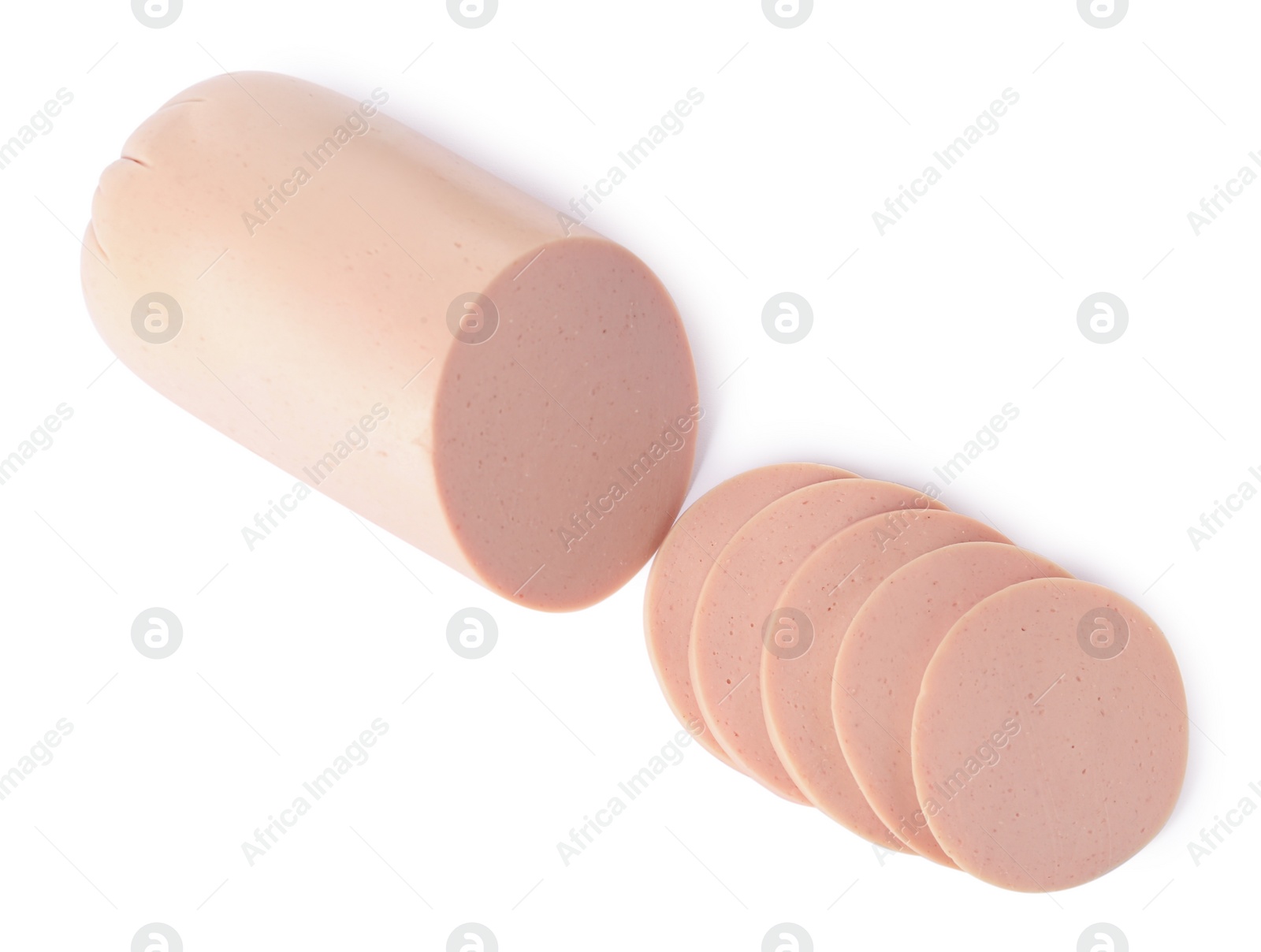 Photo of Tasty cut boiled sausage on white background, top view