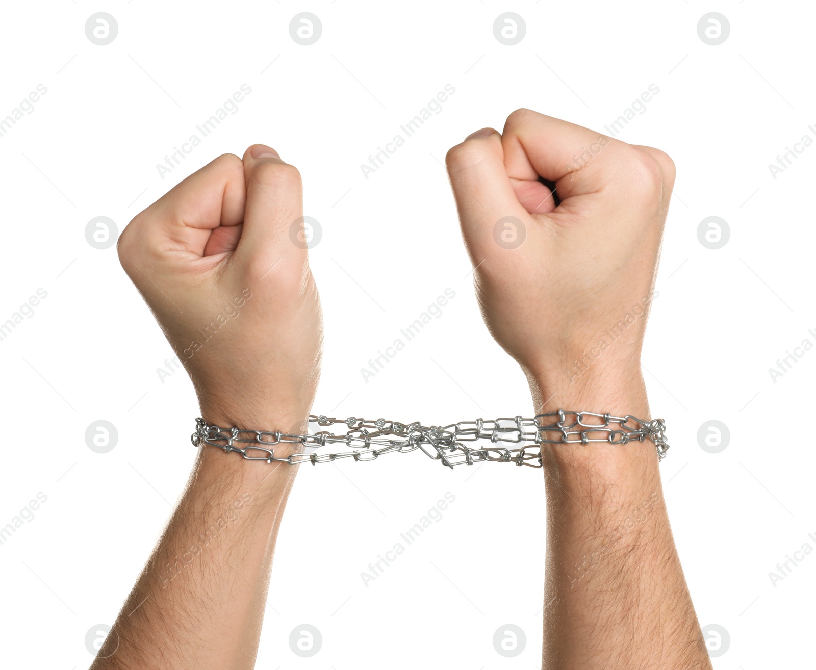 Photo of Freedom concept. Man with tied arms on white background, closeup