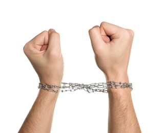 Photo of Freedom concept. Man with tied arms on white background, closeup
