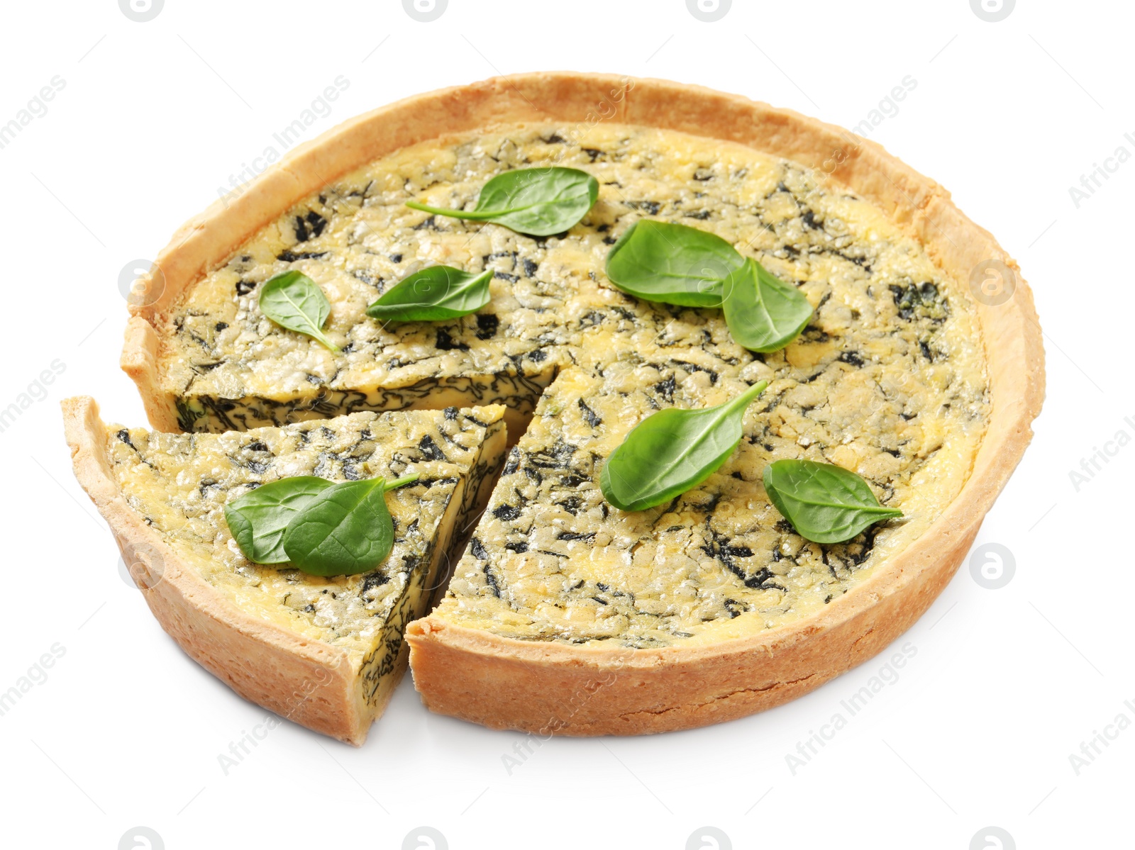 Photo of Sliced delicious homemade spinach pie isolated on white