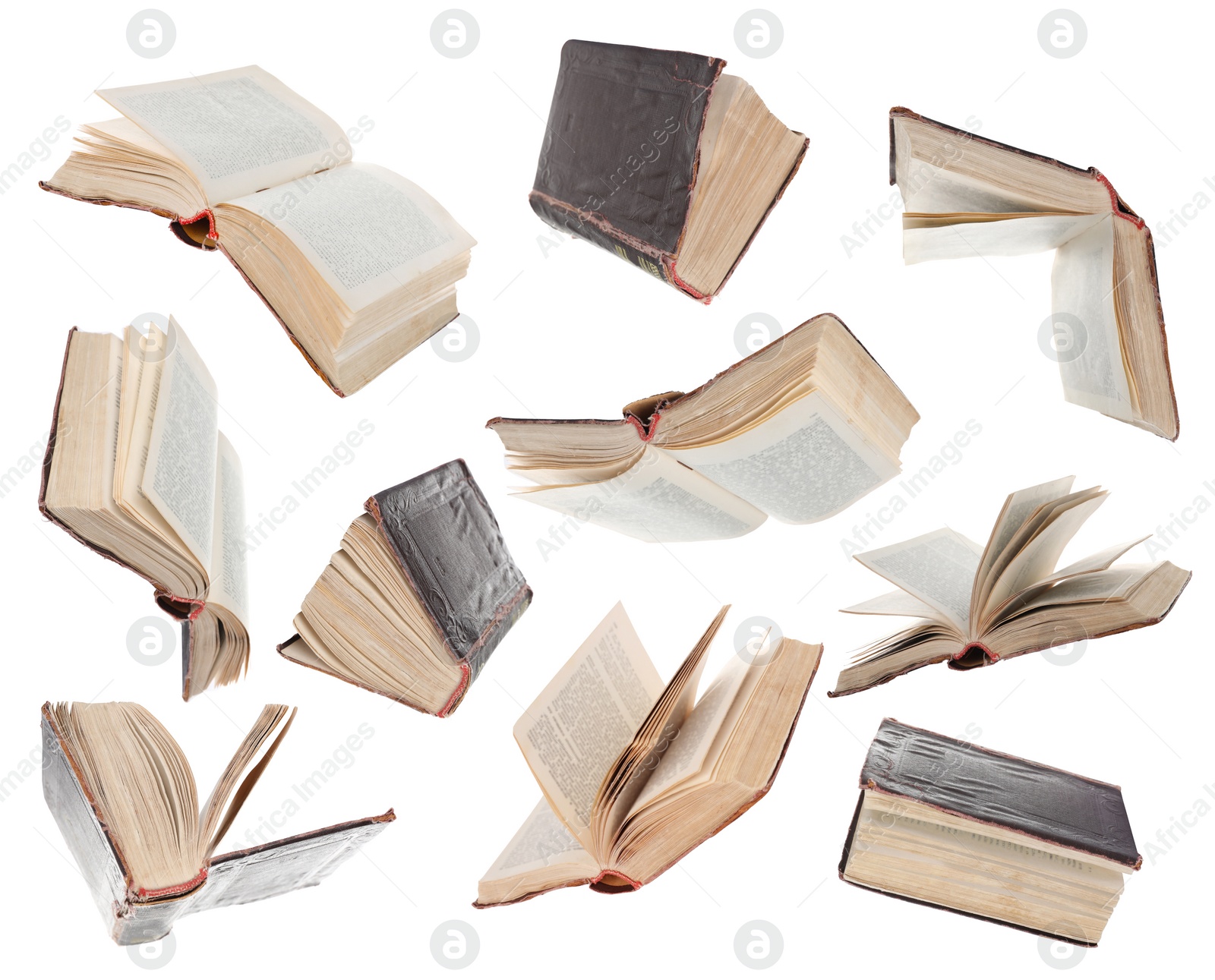 Image of Many hardcover books falling on white background