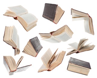 Image of Many hardcover books falling on white background