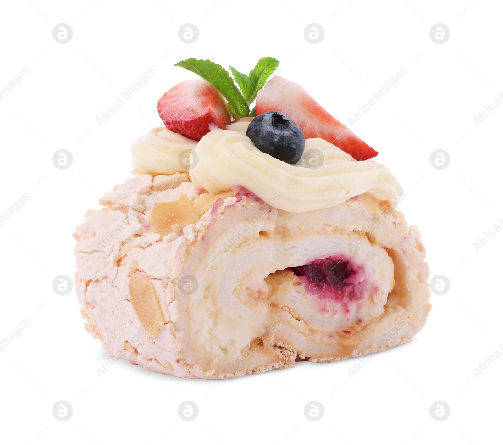 Photo of Slice of tasty meringue roll with jam, berries and mint leaves isolated on white