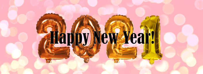Image of Festive balloons on blurred background, bokeh effect. Happy New Year