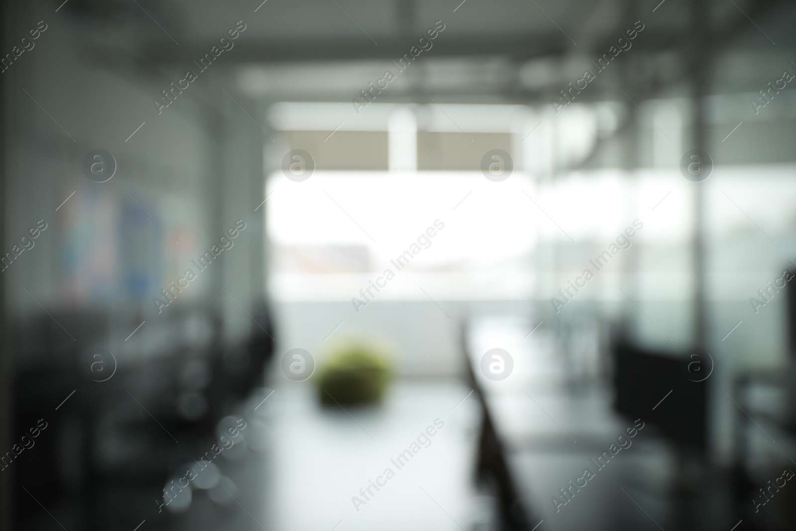 Photo of Blurred view of cozy workspaces with tables and chairs in office