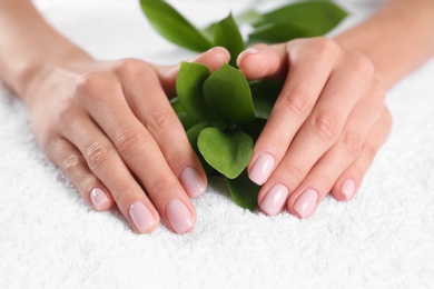Photo of Closeup view of beautiful female hands with green leaves on towel. Spa treatment