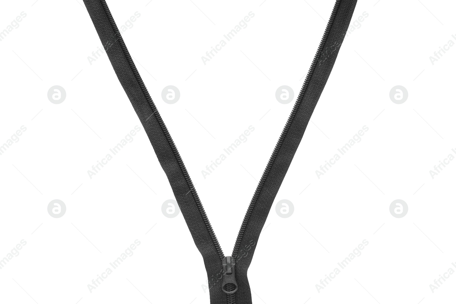 Photo of Black zipper on white background, top view