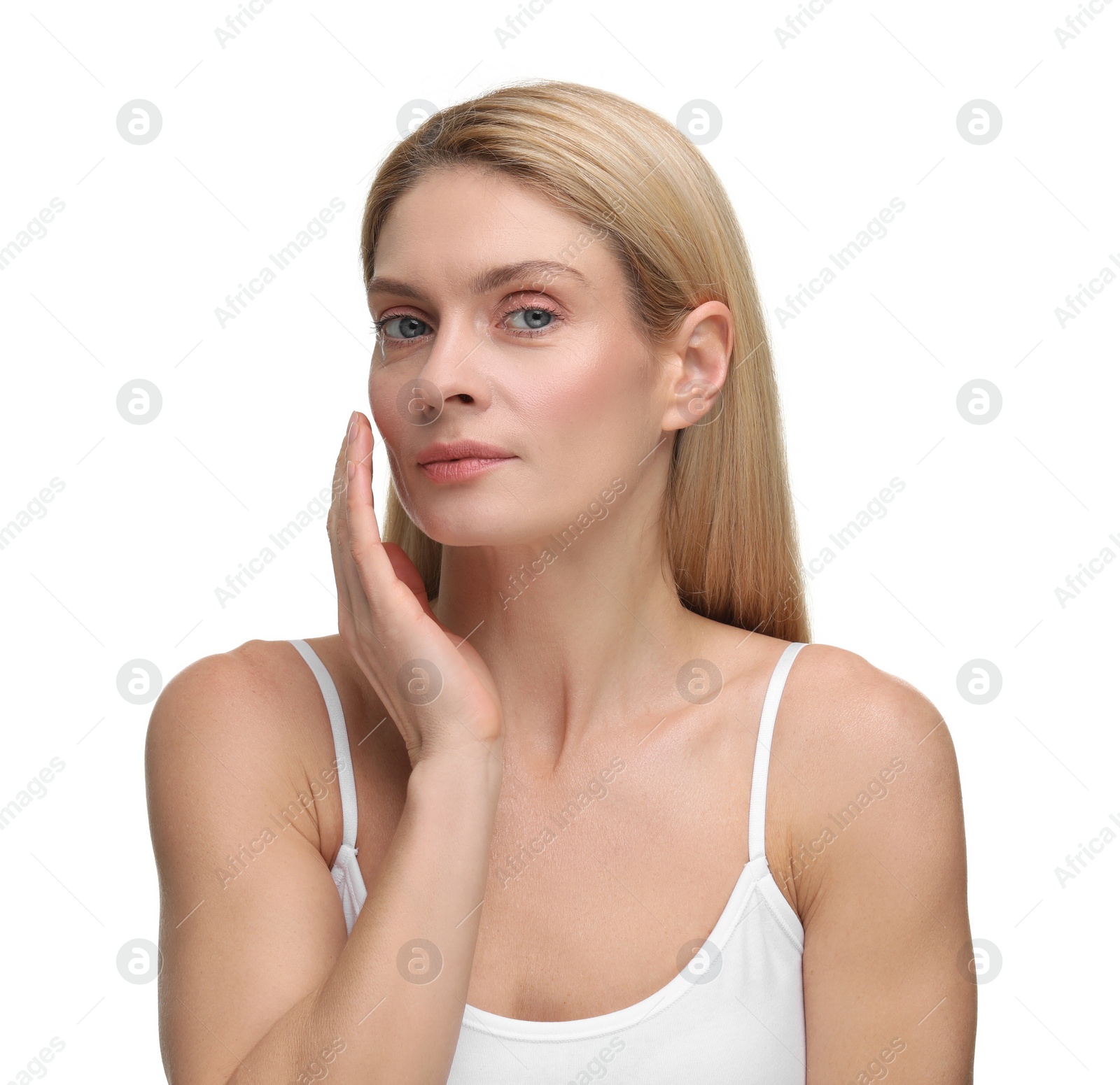 Photo of Beautiful woman with healthy skin on white background