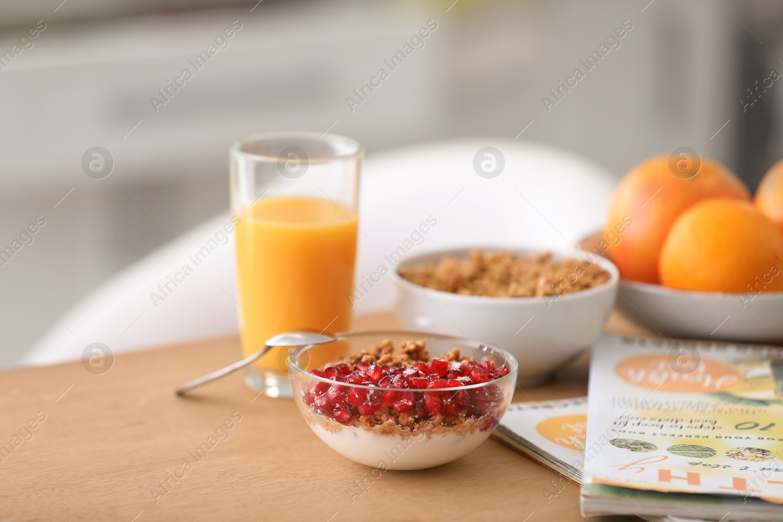 Photo of Healthy breakfast served on table at home. Fitness diet