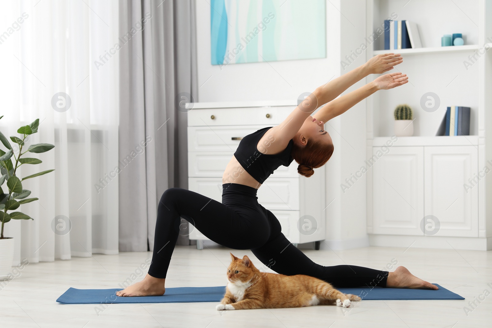 Photo of Beautiful woman with cute red cat practicing yoga on mat at home