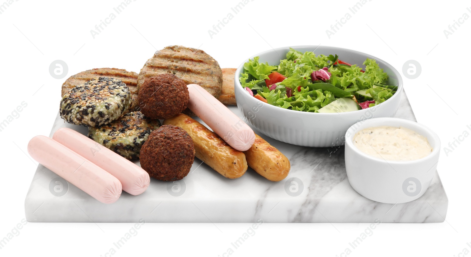 Photo of Serving board with different tasty vegan meat products, sauce and fresh vegetable salad isolated on white