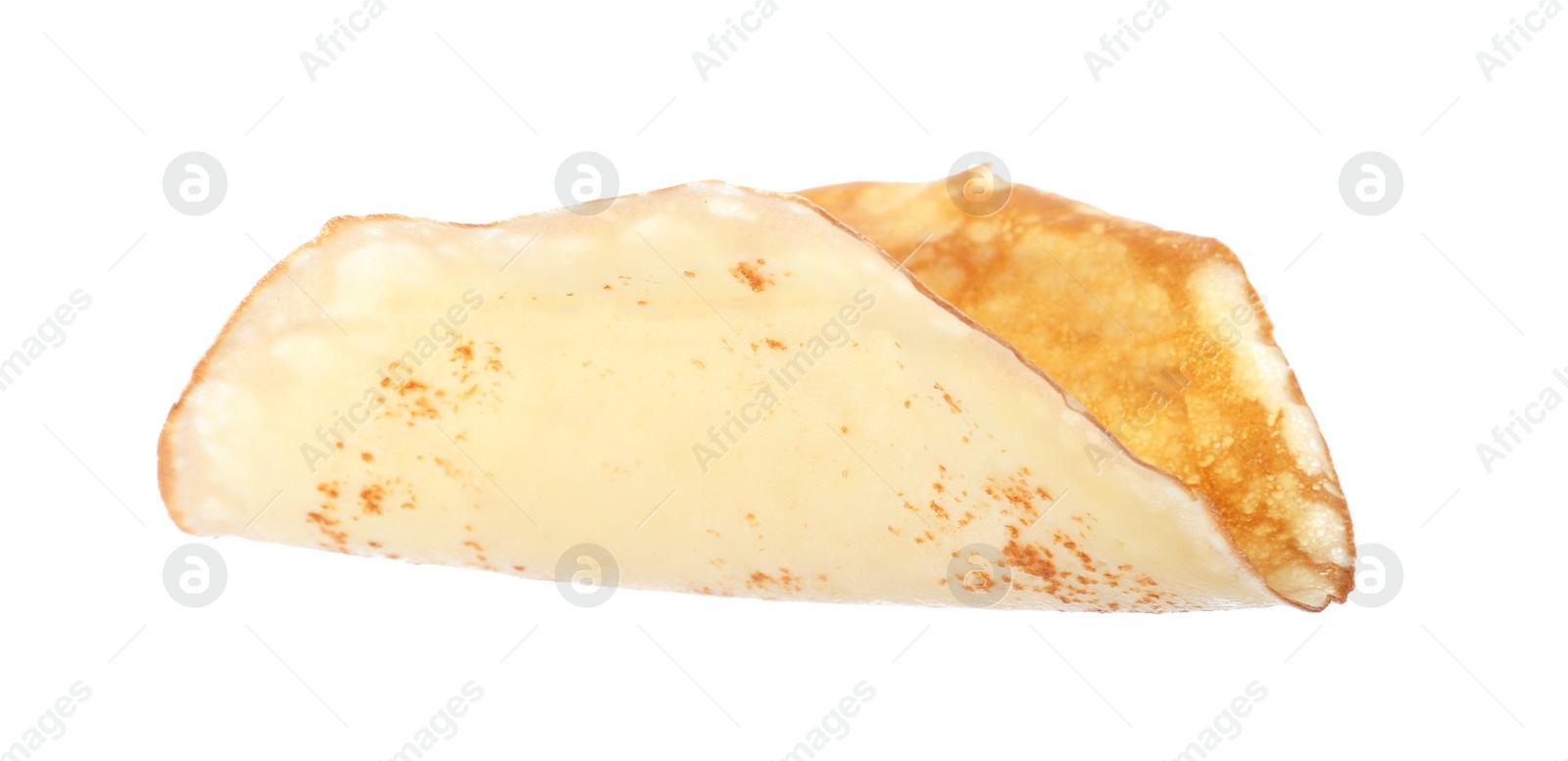 Photo of Hot tasty thin pancake on white background