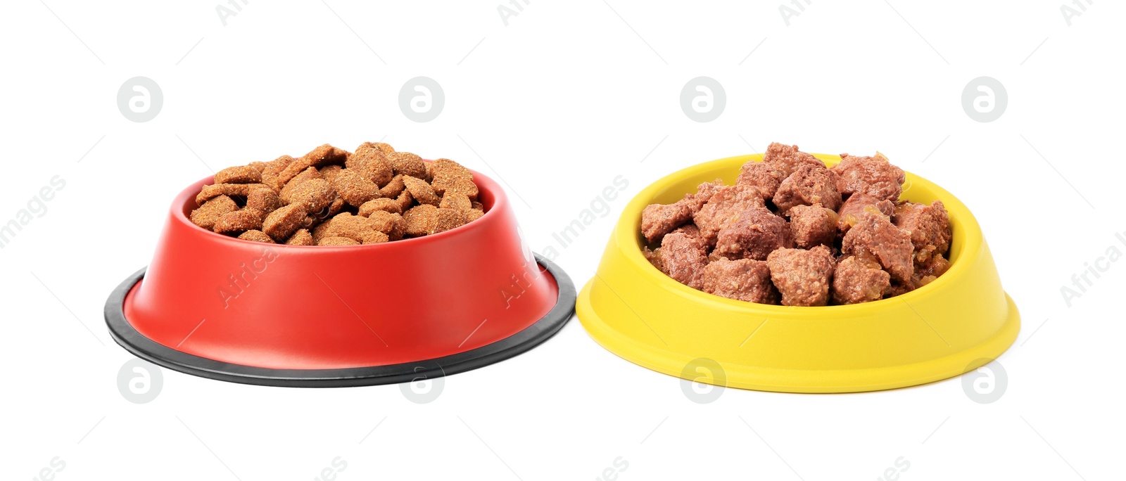 Photo of Dry and wet pet food in feeding bowls isolated on white