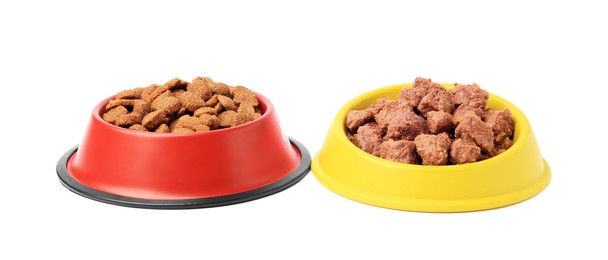 Photo of Dry and wet pet food in feeding bowls isolated on white