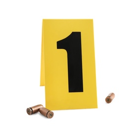 Bullets and crime scene marker with number one isolated on white