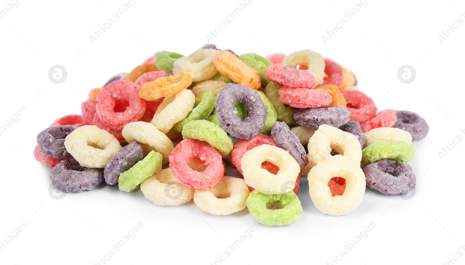 Photo of Sweet crispy corn rings on white background. Breakfast cereal