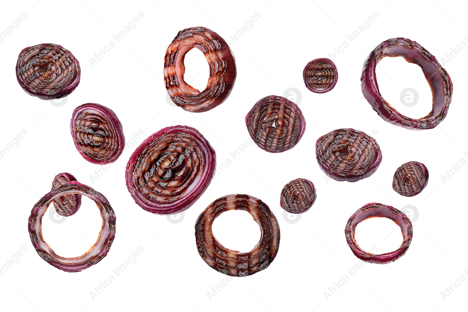 Image of Grilled onion rings in air on white background