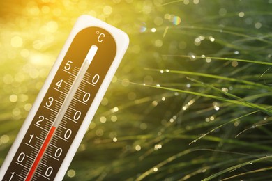 Image of Thermometer and green grass outdoors. Temperature in spring